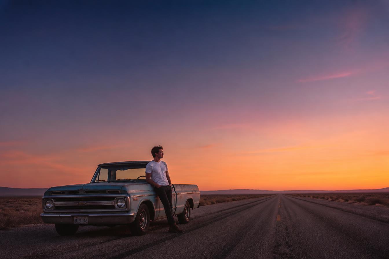 Man leaning against a vintage truck on a desert highway at dusk — MUTE AI